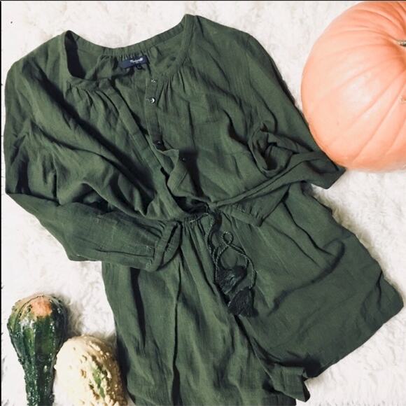 NEW MADEWELL Mallorca Button Front Tie Vneck Army Olive Green Shorts Romper S - Picture 4 of 8